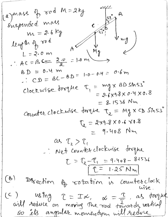 asmass of rod M= 2 kg suspended mass m=2.6kg e s! Ving ) length of rod L=2.0m ..ACEBC= 20 = bom BD = 0.4m L CD = BC-BD = 1.0