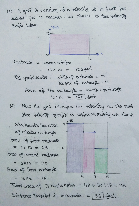 (1) A girl is running at a velocity of 12 feet per second for 10 seconds, as shown in the velocity graph below Vit) 12 ht lo