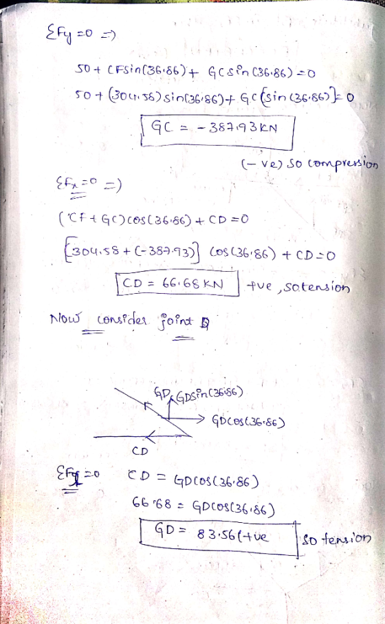 EFy =0 =) 50+ CFSin(3686)+ Gcsin C36·86) -0 50+ (30. 56) sin36i86)+ Gc (sin (36-86)) 0 - 387193 KN GC (- ve) so comprersion E