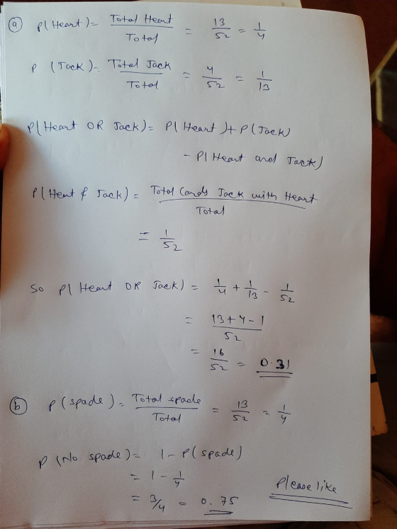 a 13 Pl Heart ) Total Heart To tof 52 P (Tack). Total Jack Total Pl Heart OR Tack) = Pl Heart It P (Jack Pl Heart and Tack) P