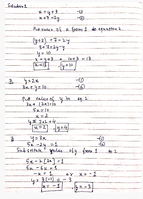 Solution 1 x = y + 3 x+7=2y Put value of u from 1 to equation 2 (4+3)+7=24 3+7=2y-y y=10 -K2_4+3 lo+3 = 13. X=137-14=10 2 422