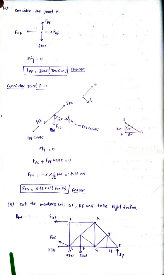 (4) consider the point f. a for FEE Fat 3KNS Efyzo For = 3kal ( Tension) Answer Consider Joint p- - fpfcosys AM QM Apesinys E