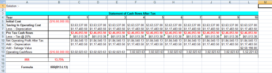 B С D E F G Н K M 9 A 1 Solution :- 2 3 4 Year 5 Initial Cost 6 Saving In Operating Cost 7 Less :- Depreciation 8 Pre Tax Cas