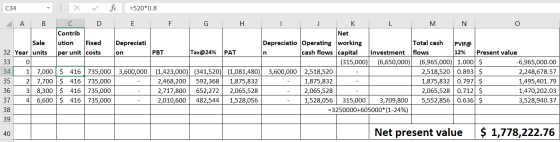 fx =520*0.8 C34 A В E F G н K М N о Contrib Net Depreciatio Operating working cash flows capital Total cash Sale 32 Year unit