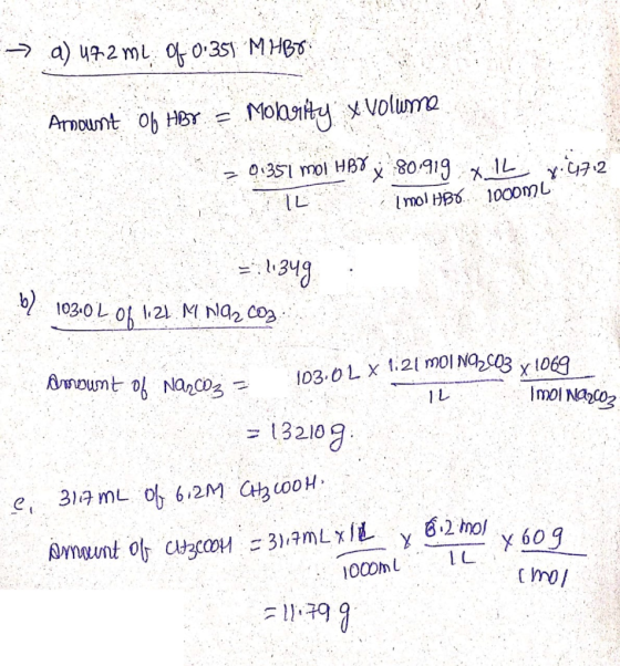 0035 MHB a) 4-2 m Molait voluna Amount Oh HBY 351 mol HB 809191L .2 IL mol HB 100OML 1030L0f 21 M Na2 co3 103.0L X 21MOI NG2C