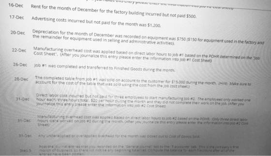 JOUTUNCE y pr 16-Dec o Rent for the month of December for the factory building incurred but not paid $500. 17-Dec Advertising