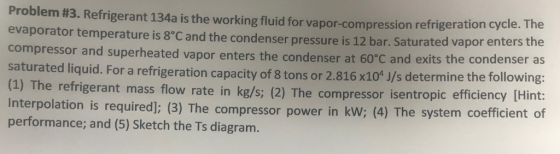 Problem #3. Refrigerant 134a is the working fluid for vapor-compression refrigeration cycle. The evaporator temperature is 8°