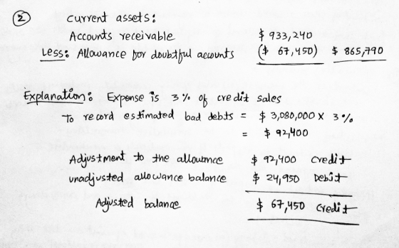 current assets: Accounts receivable Less. Allowance for doubtful accounts $ 933,240 ($ 67,450) $ 865,790 Explanations Expense