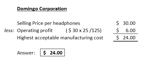 Domingo Corporation Selling Price per headphones less: Operating profit ($ 30 x 25/125) Highest acceptable manufacturing cost