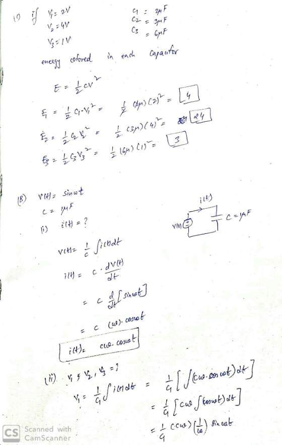in a = 2F C2 = 3uF C = GMF if you 21 V=GY BEN energy colored in each capautor E = Lov? & = 1 / C - v,² = £ Opp) (2)² = Lu E =