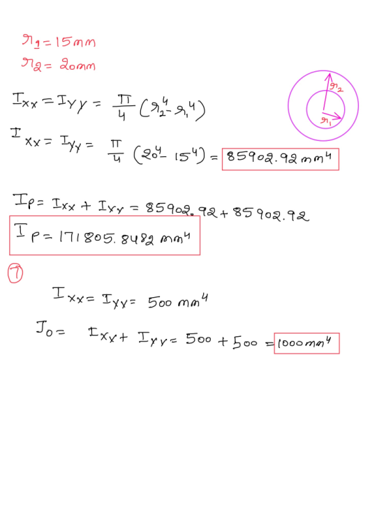 79=15mm r2 = comm Ixx = Ivy - I Can 4) Ixx= IyX= 8x = ï (204154) = 85902.92 mm4 7 1 (201-15 Ips Ixx + Ixy = 85902.92+85902.92