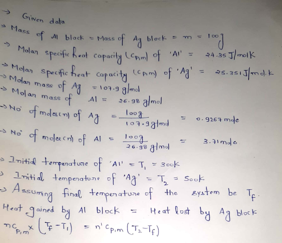 → Given data - Mass of Al bli Molar specific to Molar 107.9gtmd - 0.9267 mde of Al block = Mass of Ag block om olar specific