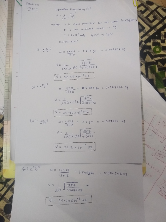 Solution P7 E.4 in co(Nm) Viblolion frequently VI VEL 20cu Whece, kis force constant for the bond u is the reduced mass in kg