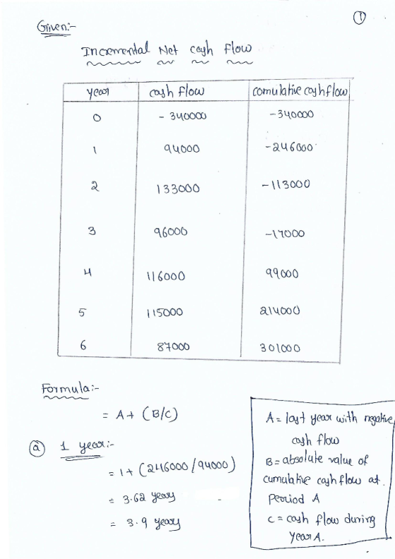 Giren: Incremental Net cash flow um w mm yeon cash flow comulatie coyhflow -340000 - 340000 94000 -246000 133000 -113000 9600