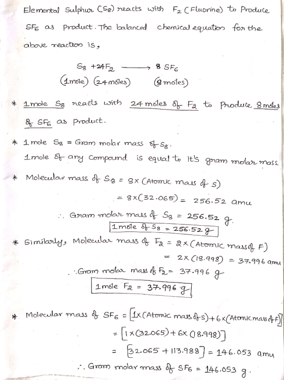 Elemental Sulphur (S8) reacts with Fz (Fluorine) to produce SFG as product. The balanced chemical equation for the above reac