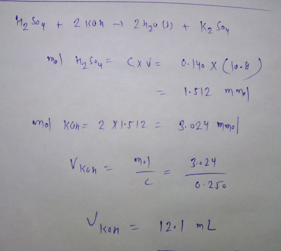 Ho soy & 2 Kon - 2 0 (1) + Ko sou mol Hy sou - CXV= 0.140 X (1008) - 1.512 mm mol kon = 2X1512 = 3.024 mmol Vkon = Vkon - mol