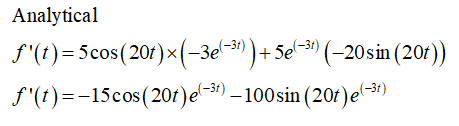 Analytical f(t)= 5cos(20+)*(-3el-31) 1+5e-34) (-20sin ( 20t)) f(t)=-15cos (20t )el-31) – 100 sin (20t)e (-31)