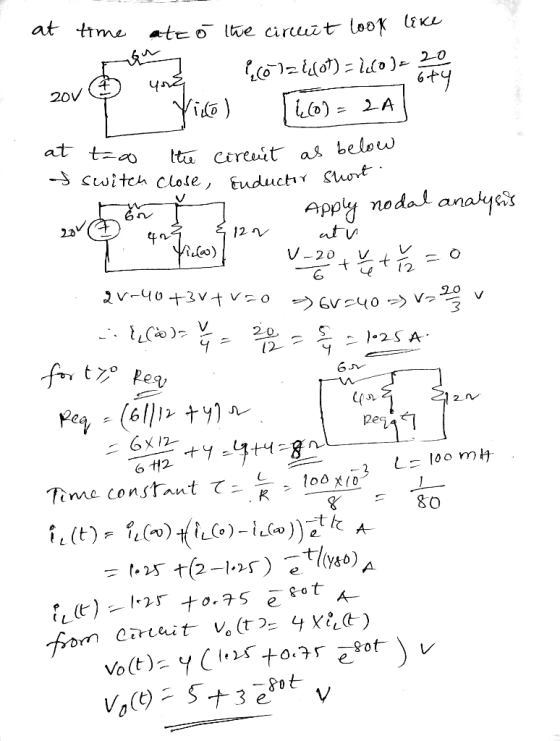 at time ate o lhe ciruit lo0K like 6+y iC0) = 2A 20V Yil6) at t-o Itu Cireuit as below S switch Close, Fuductor Sort no dal a