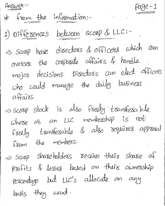 - Answer: page-1 E * from the information: 1) Differences between scop & LLC:- =) Scoop have directors & officers which can O