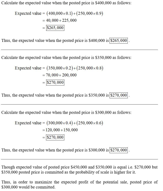 Calculate the expected value when the posted price is $400,000 as follows: Expected value = (400,000x0.1)+(250,000x0.9) = 40,