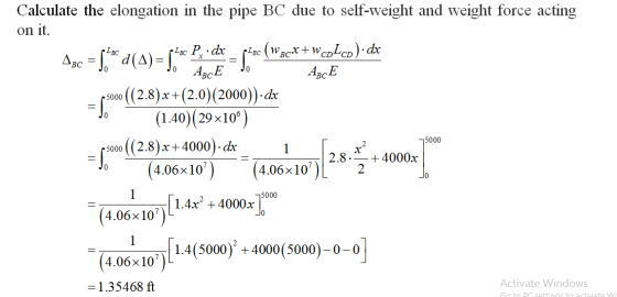 Calculate the elongation in the pipe BC due to self-weight and weight force acting on it. Agc = {** (A) = pisc Pz • dx = ptc