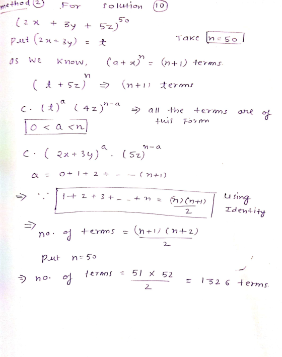metho For 50 solution 10 (2% + 3y + 5z) put (2x+3y) Take In=50 (a+ x = (n+1) terons ť Know, + n ( + 5z) (n+1) terms n-a c. (X