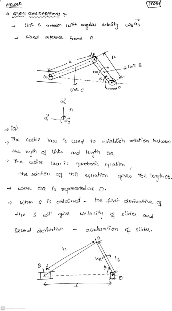 ANSWER PAGE) GIVEN CONSIDERANONS : lint B rotater with angular velocity wn as fixed reference frame А 16 link B wa link c A a