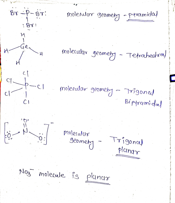 T Br=p-Bri. Molecular geomety -pyramideed Br: I-& moleculen geometry - Tetrahestra) Jo-J -Cl moleudbe song molecullo geometry
