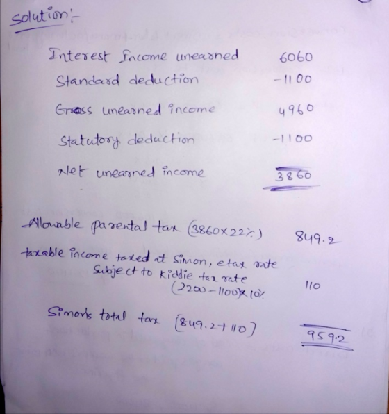 solution - 6060 Interest Income uneashed Standard deduction - 1100 Grooss unearned income 4960 Statutory deduction - 100 Net