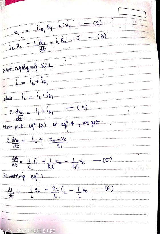 (2) IR R, tive Ldi - i R2 = 0 at - (3) IRRI KC:L. Now apply ng 1 iz itiri also ic = tire C dive. itir (4) dt. Now we get in e
