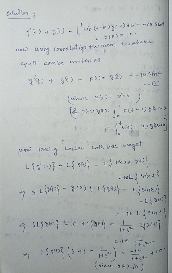 solution ; 270) = 10 y (+ 9 + 964) - Jasin (+-10) 74W) du = -10 Sint now using convolution theorem rheabone equn cambe write