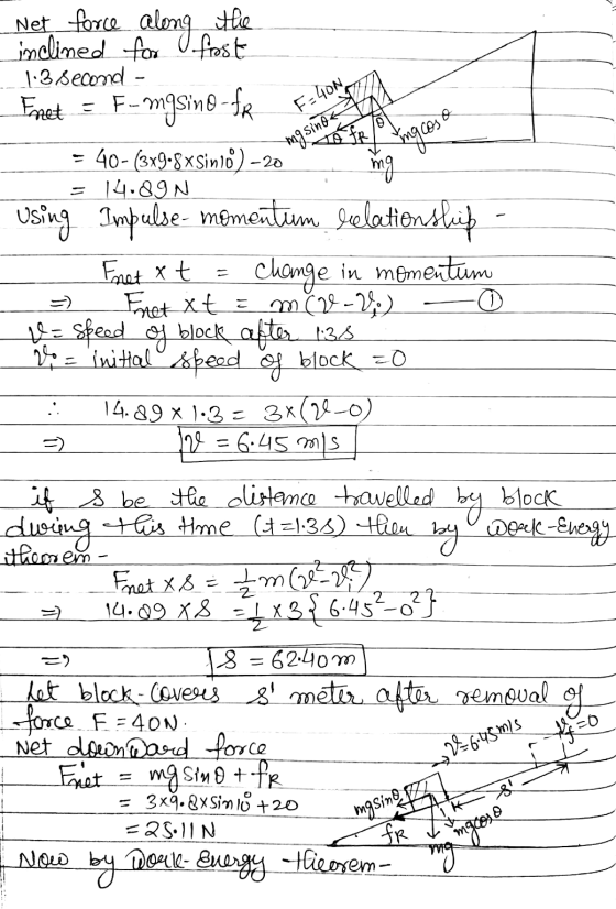 Net force - F. F-40N may sina ingesa mg along the inclined for fost 1.3 second- Enet E-mgsino-fr = 40-3x9.8 xSino) -20 = 14.8