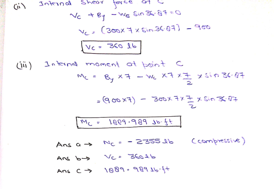 Sheor Internol Nc (300x Sim 24 0) Vc at point تحا O ـف 10terna MC Mc Ccompressive) 2355 Jb N. = Ans a -> Vc= Ans b- Ans C ->