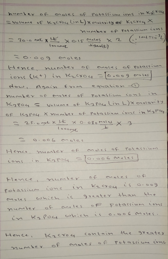 Sumier Males of of Potassium ions in K£804 EVolume o K2CTOy Lin L) xalasity f K2cyo4 oA Potasium ions mumber In X 2 XOIrPoles