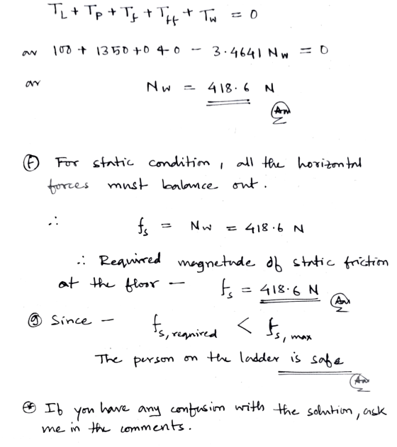 Tht Tp + Tj + THt Tw = 0 100 + 1350 +0 40 - 3.4641 MW Nw 418.6 N Am For static condition all the horizontal forces must balan