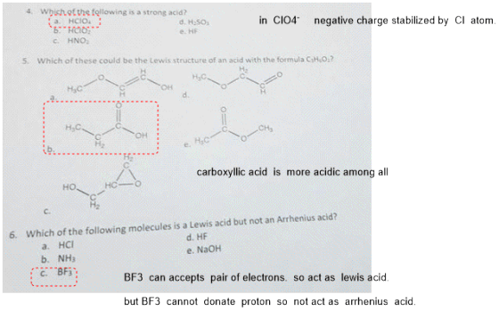 4 Which of the following is a strong acid? HCIO d. HSO, 5. Hao e. HF CHNO in CIO4 negative change stabilized by Ci siam. 5. W
