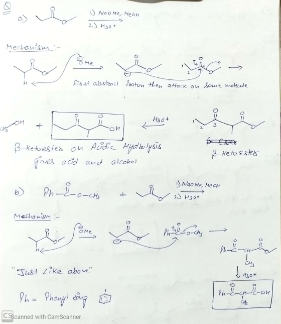 Savior is woone, meo 1.) Nao Me, MeoH 2.) H3o+ Mechanism :- HK fisst abstract Proton then attack on same molecule otton + Con