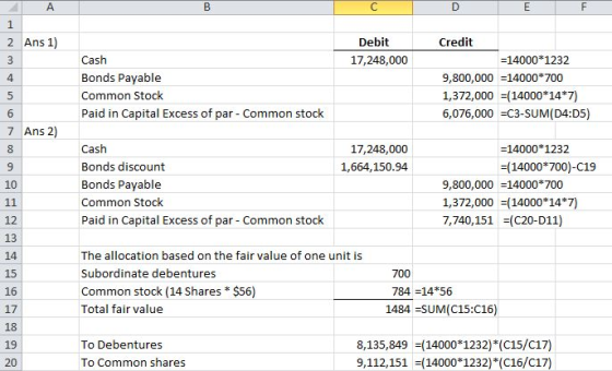 2 Ans1) Debit Credit Cash Bonds Payable Common Stock Paid in Capital Excess of par - Com 17,248,000 -14000 1232 4 9,800,000-1