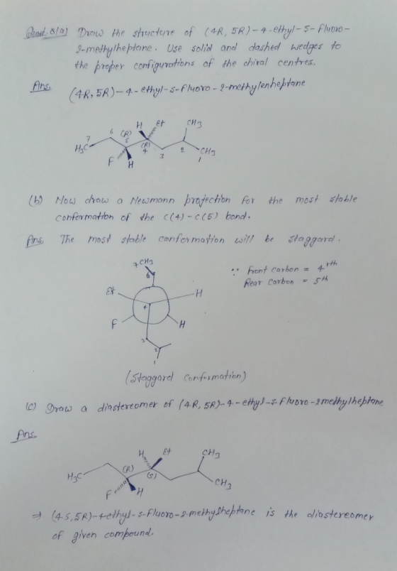 Quad Blaj Drow the structure of (AR,5R) ~4-ethyl-5-fluoro- S-methylheptane. Use solid and dashed wedges to the proper configu