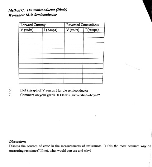 Method C: The semiconductor (Diode) Worksheet 18-3: Semiconductor Forward Curreny 1 (Amps) V(volts) Reversed Connections I (A