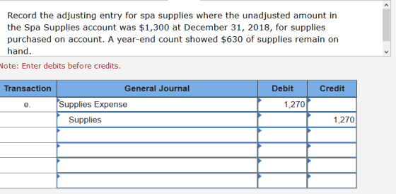 Record the adjusting entry for spa supplies where the unadjusted amount in the Spa Supplies account was $1,300 at December 31
