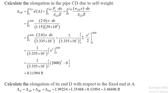 Calculate the elongation in the pipe CD due to self-weight. 400 = 60 d (1)= P600 Pz - dx = pico (w cox). dx Aco = Jo 4 (2) Jo