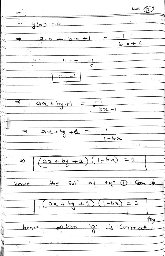 Date: 4602 aio + boot a -| bootc TU c) © axt by th = bre-) art by td = 1-boe > Lax + by +2) (1-bx) = 1 hence the Sol? al egn