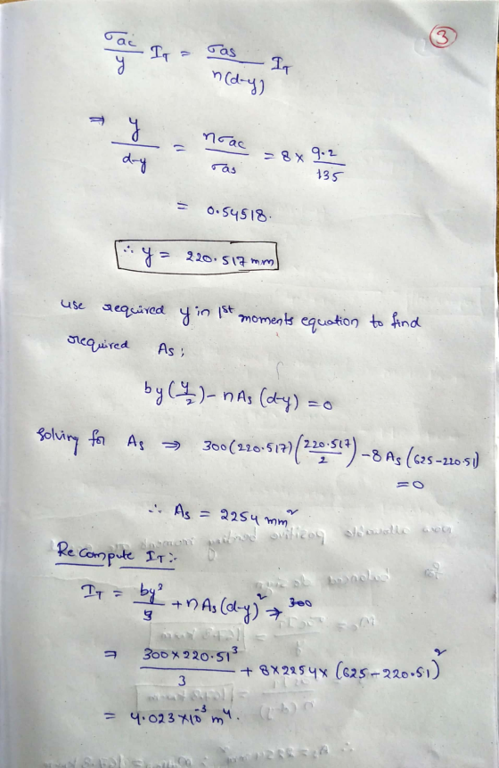 a noac = 8x 9.2 Tas 735 0.54518 - y = 220.517 mm use required y in 1st moments equation to find required As by (4) - n As (da