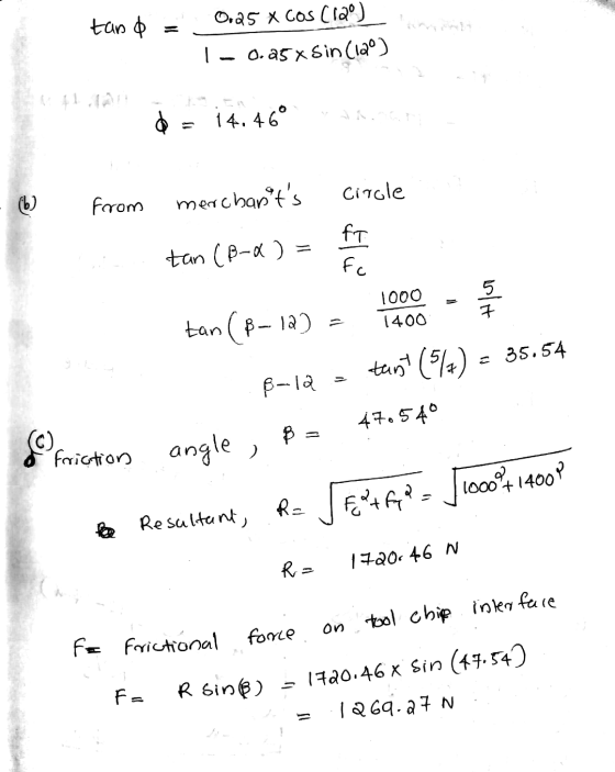tand 0.25 x cos (120) 0.25x Sin (120) 14. 46° isht o Circle b) from merchanits tan (B-V ) = FT fc 5 1000 1400 tan (B-12) 35.