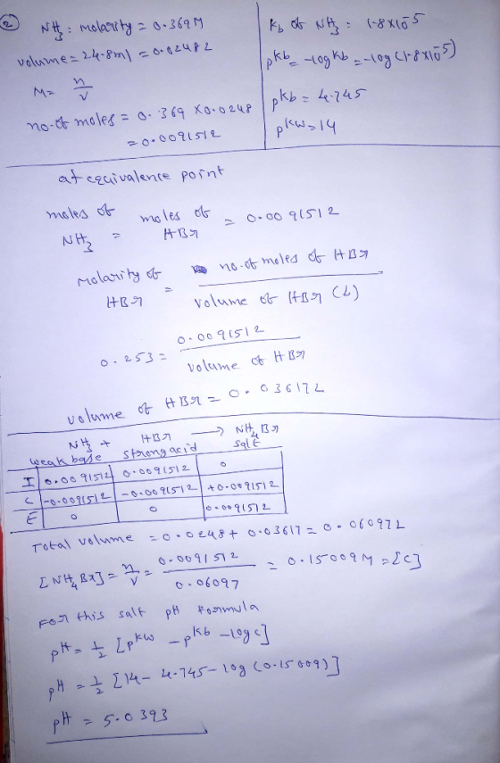 -2 NH = molarity = 0.3699 k of NH : 1-88105 1 pkb log kb _-10g (18x105) volume=24.8m1 = 0.82482 okb=4.745 prw_14 no. of moles