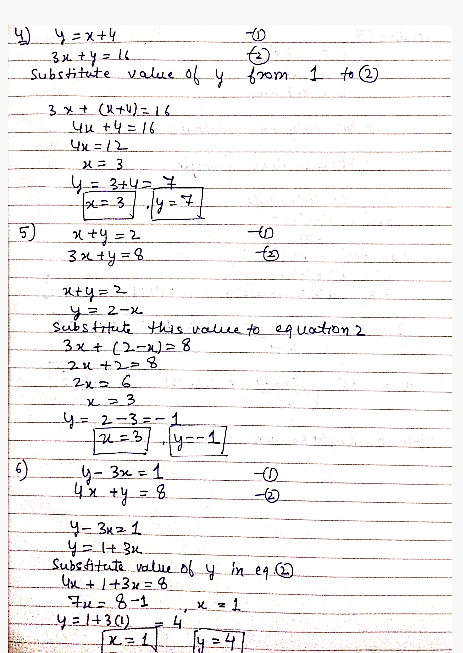 4 y=x+4 3uty = 16 Substitute value of y from_1 to ) 3 x + (1+4)= 16 44 + 4 = 16 4x = 12 X = 3 y = 3+4= 7 x=3 5) uty=2 3x+y=8