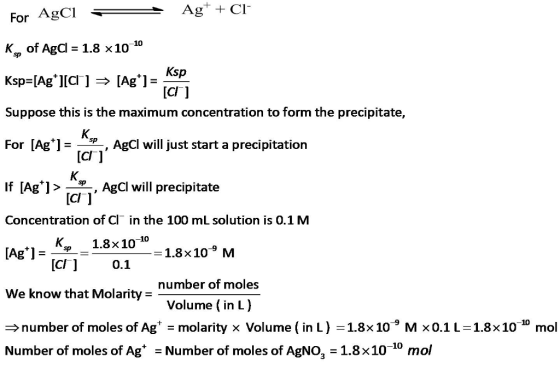 For AgCl Ag++ Cl- K of Aga 1.8 x10 10 Ksp-Ag.ja j 국 [Ag+1- Ksp. Suppose this is the maximum concentration to form the precipi