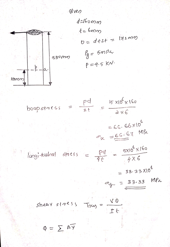 given delbumm t=bom Cucurel b = dt2t Coo 5mbar 550mm p=9.5 KN. la. WW90) pd 10 5x10 x 160 = hoop stoess = 2f 2x6 6 -66.66x10