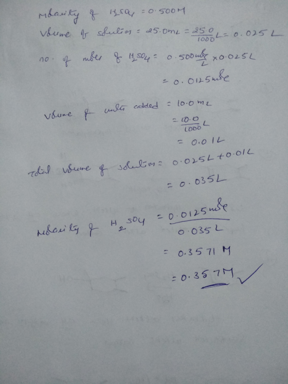 10001 rdacity of leroy = 0.500M volume of solution = 25.0m2 = 250 -0.025L no. of meer of 14,504 0.500ude + 0.025L -0.0125ml v